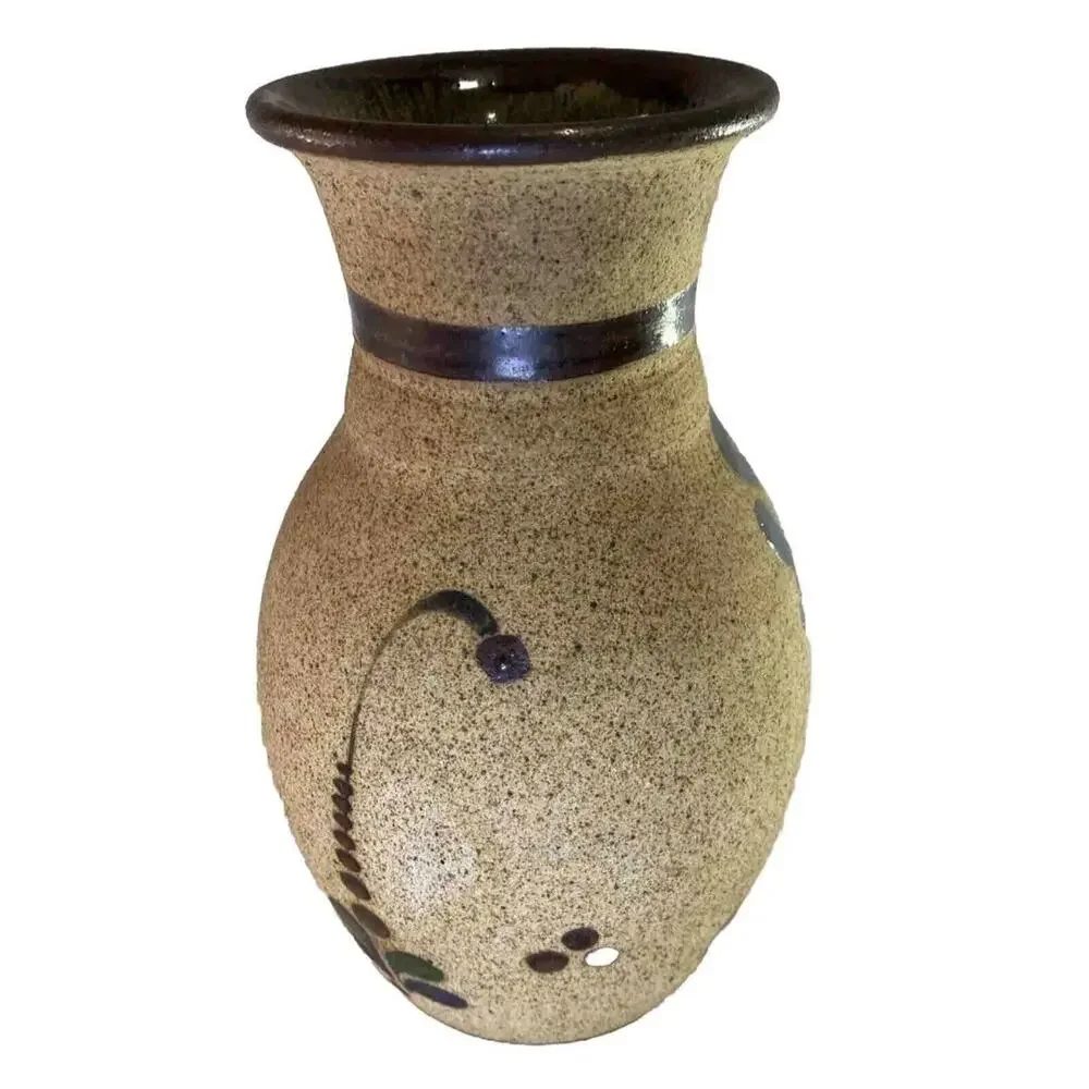 Vtg Tonala Mexico Pottery Vase 9” Hand Painted Bird Folk Art Floral Signed Boho